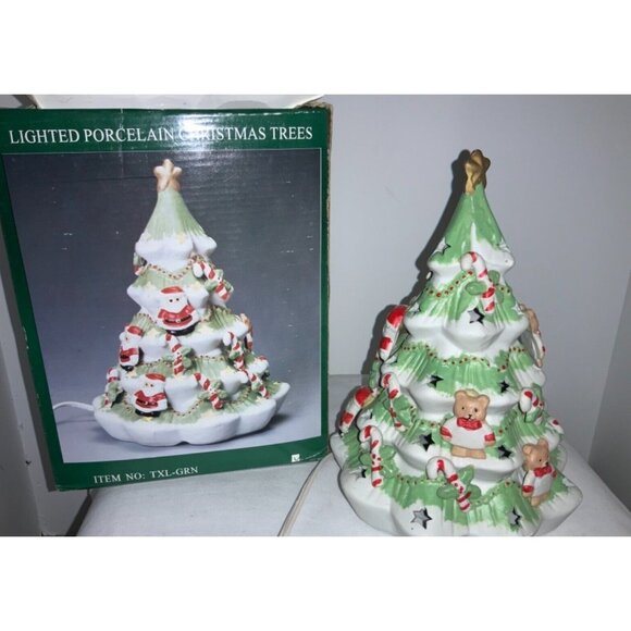 Light Ceramic Porcelain Christmas Tree with Teddy Bears Santa Candy Canes - Picture 2 of 8